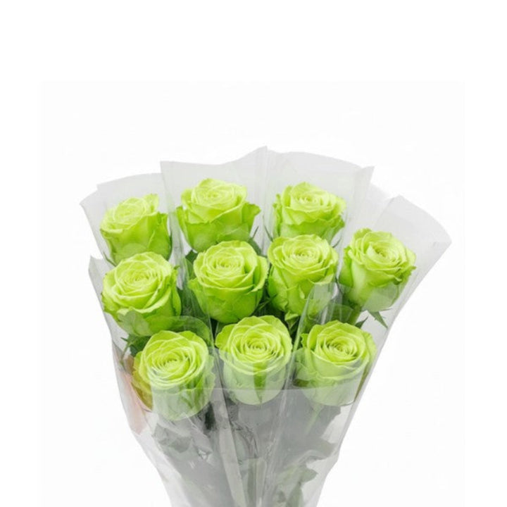 Green-tinted roses from SQ Flora Kenya, 10 individually wrapped single flower stems for National Day celebration.