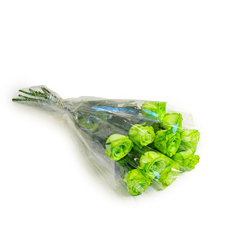 Green-tinted roses from SQ Flora Kenya, 10 individually wrapped single stems for National Day celebrations.