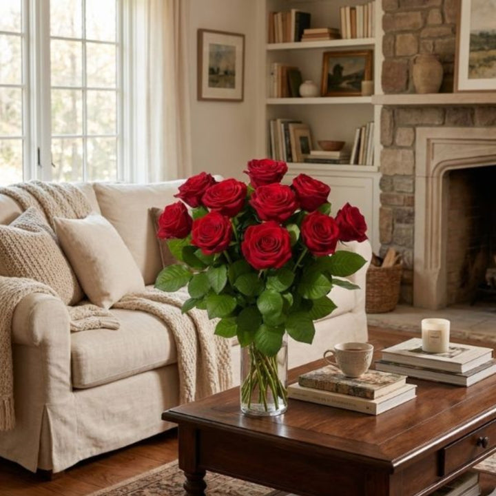 Red roses from SQ Flora Kenya, 10 stems of fresh, vibrant flowers arranged in a bouquet.
