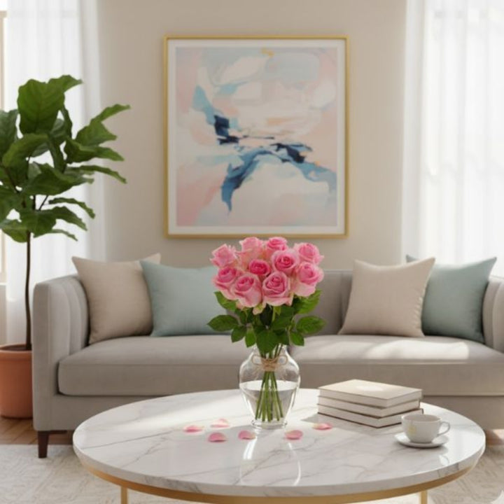 Bouquet of 10 Revival Pink roses from SQ Flora Kenya, fresh flower stems with vibrant pink blossoms on green stems.
