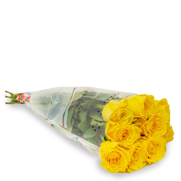Yellow roses arranged in a bouquet with 10 stems from SQ Flora Kenya, showcasing vibrant blossoms and lush green leaves.