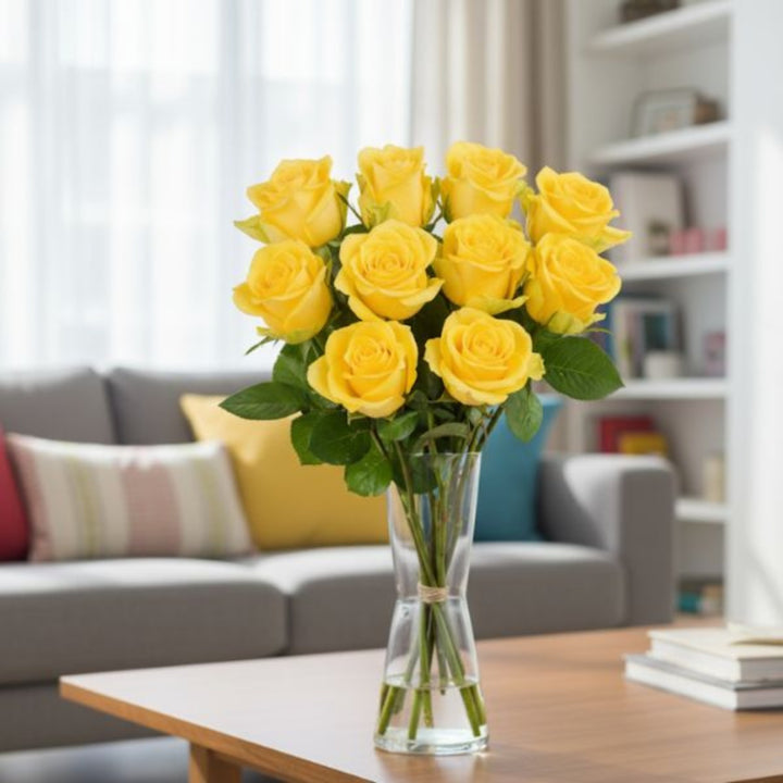 Yellow roses from SQ Flora Kenya, 10-stem bouquet, fresh and vibrant flower arrangement with lush yellow blooms.