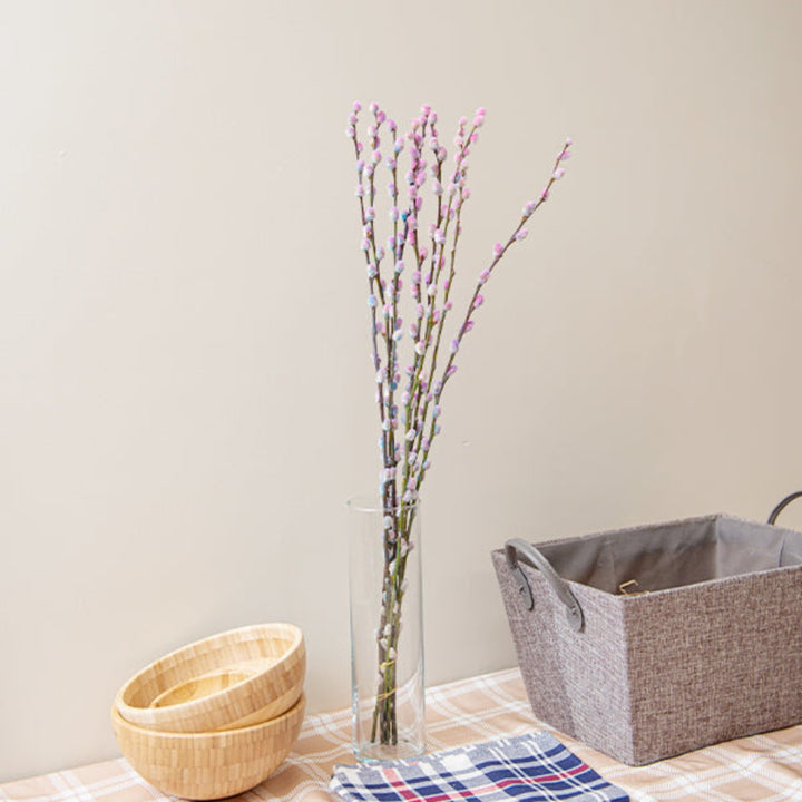 Pink and blue bubblegum Salix flower stems with pussy willow branches, arranged in a natural bouquet by Fresh Flower Holland.