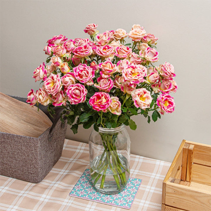 Bouquet of 10 spray roses from Vegpro Kenya in a garden setting, showcasing vibrant blooms and lush green stems.