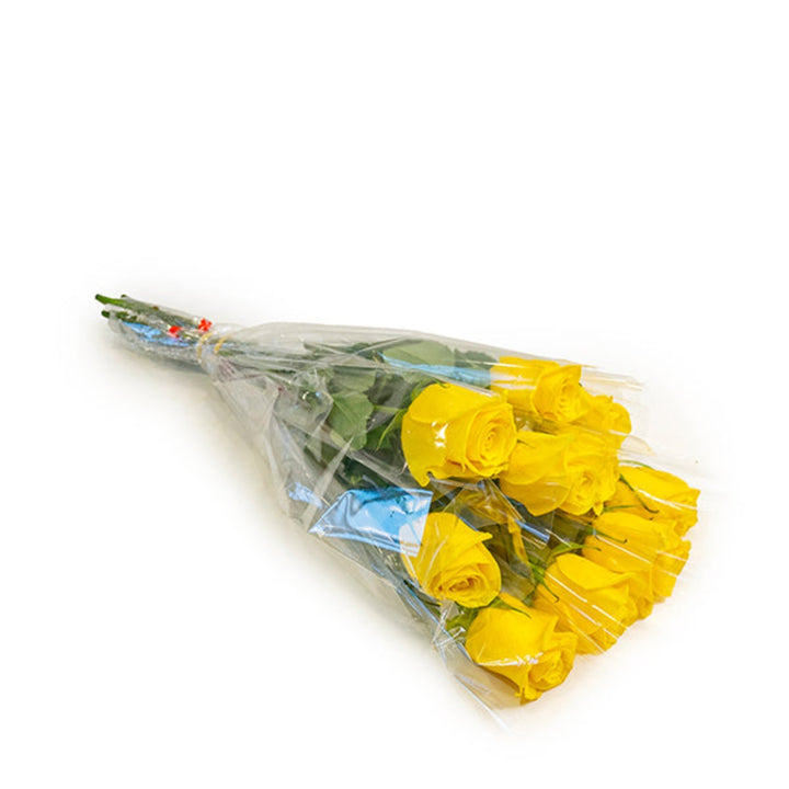 Bright yellow rose flower from SQ Flora Kenya, single stem wrapped individually, showcasing vibrant petals and fresh bloom.