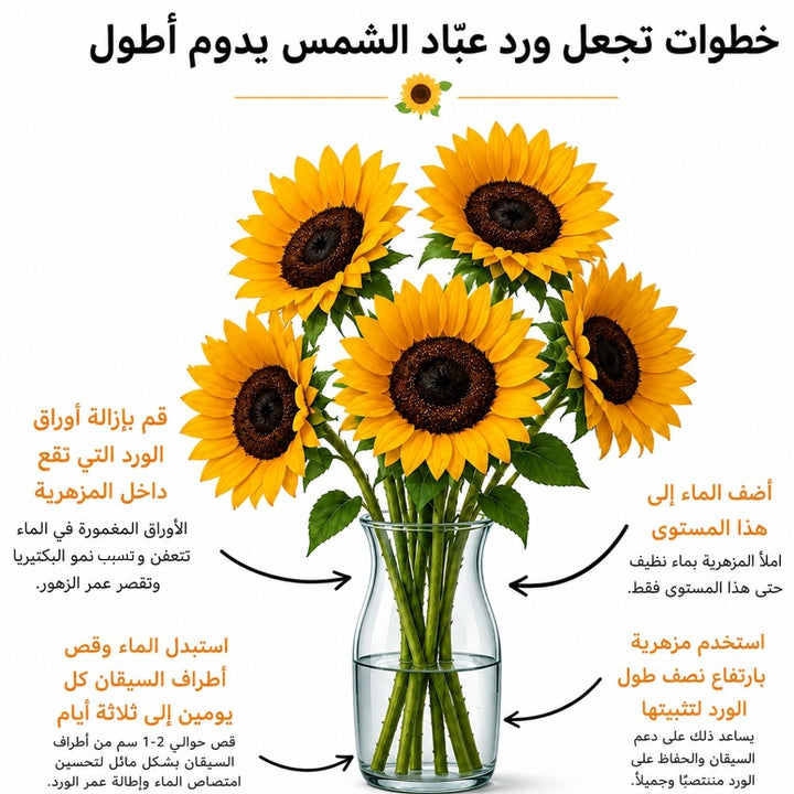 Arabic sunflower care guide with water, trimming and vase instructions, from Sharbatly.