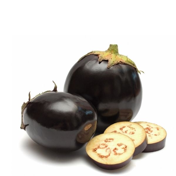 Extra-large round eggplants in a 2kg pack from Local Market, fresh vegetables with smooth purple skin and green stems.
