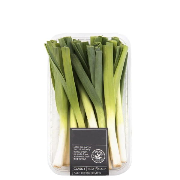Fresh baby leeks from Holland in a 0.2 kg pack, showcasing their green tops and white stems on a clean surface.