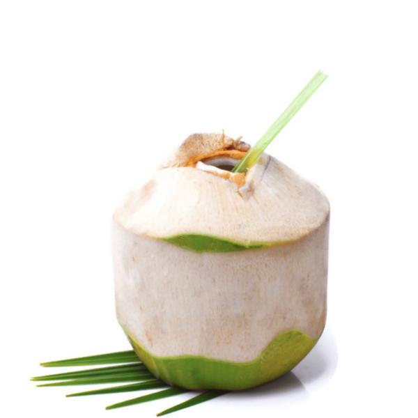 Fresh young Thai coconut fruit with a single piece of drinking coconut, showing its fibrous brown outer shell and green interior.