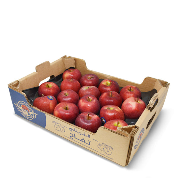 Red Delicious apples from Sharbatly in a 3 kg carton, fresh and vibrant fruit ready for sale.