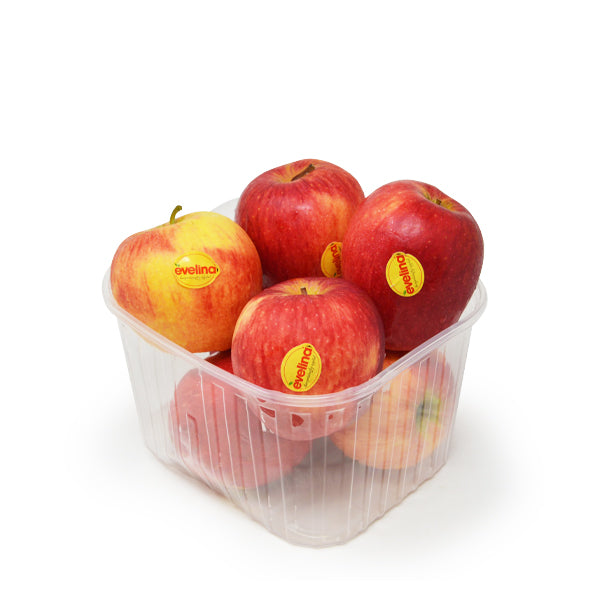 Fresh Evelina apples from Sharbatly in a 1kg pack, showcasing bright red and green fruit with smooth skin.