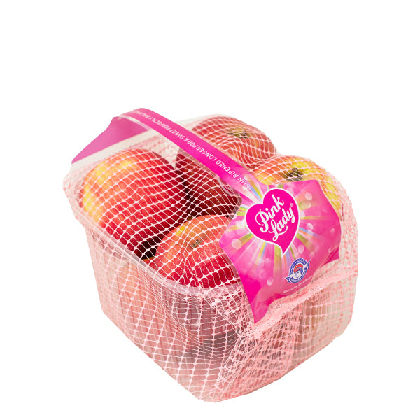 Fresh Pink Lady apples from Sharbatly in a 1 kg pack, showcasing vibrant, crisp fruit with smooth red and yellow skin.