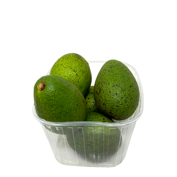 Fresh Fuerte avocados in a 1 kg punnet from Sharbatly, showcasing ripe, green fruit perfect for salads and snacks.