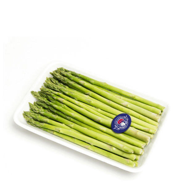 Fresh baby asparagus vegetables from Thailand in a 0.1 kg pack, showing vibrant green stalks and tender tips.