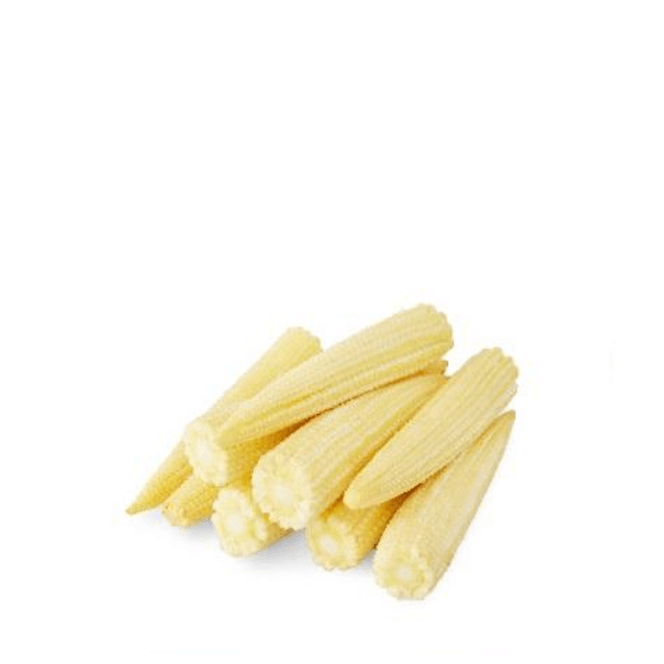Fresh baby corn in a 0.1 kg pack from Thailand, shown on a clean surface with vibrant yellow kernels and green husk details.