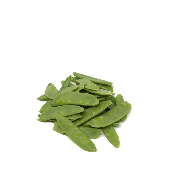 Open pack of Kenya snow peas, mangetout, and peas, showcasing fresh green vegetable pods on a white background.