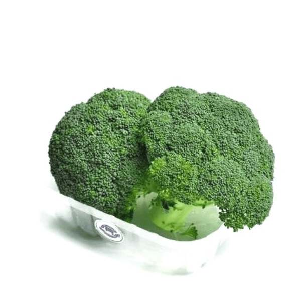 Fresh green broccoli heads from Sharbatly, showing two vibrant vegetable heads with detailed florets and sturdy stems.