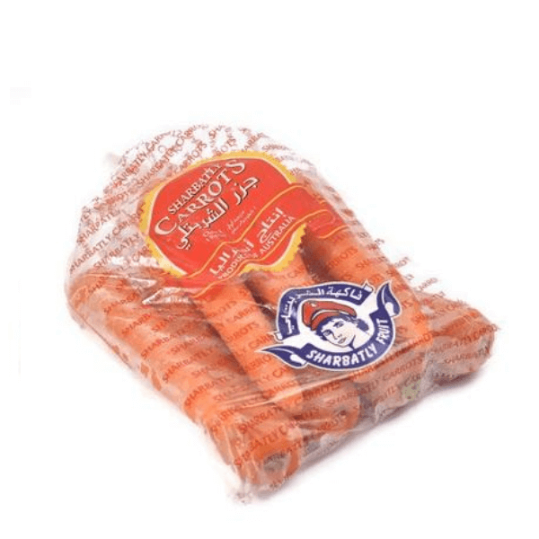 Fresh medium-sized carrots from Sharbatly in a 1 kg vegetable bag, bright orange with leafy tops.
