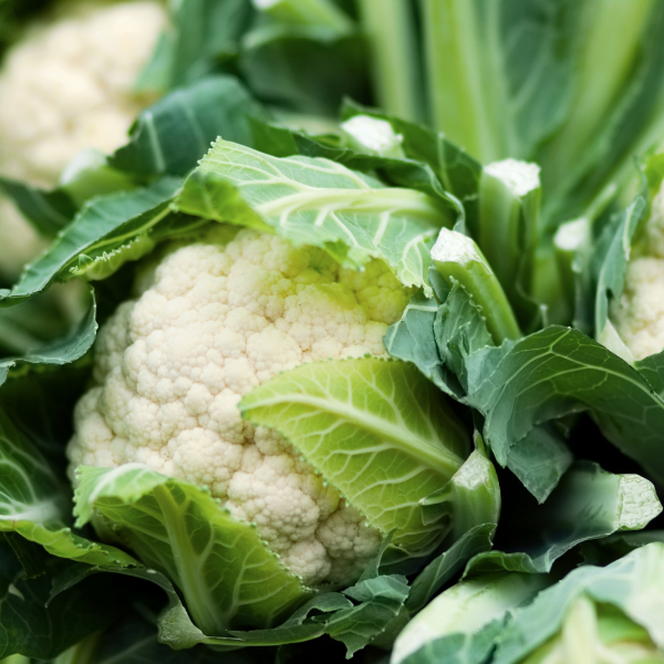 Fresh whole cauliflower vegetable from Local Market, showcasing its white, firm head with green leaves on a neutral background.