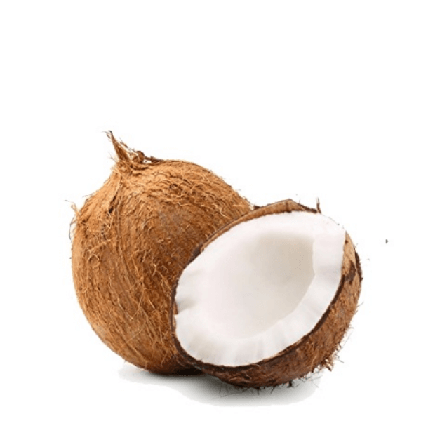 Brown husked coconut from Local Market, single whole fruit with textured outer shell, ready for use or consumption.
