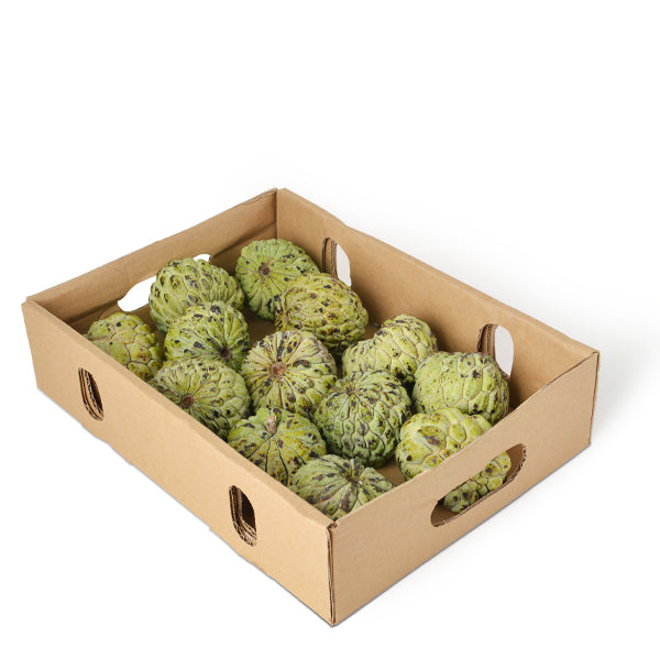 Fresh custard apples in a 3.5 kg carton from Sharbatly, showcasing ripe, green fruit with textured skin.