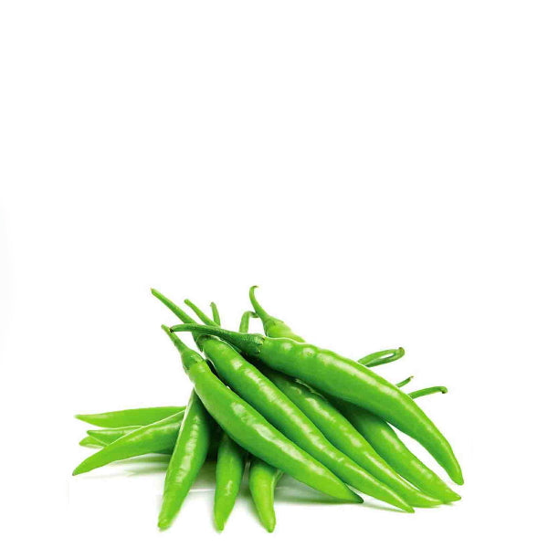 Fresh green chili peppers from Local Market, 0.3 kg pack, showcasing vibrant, spicy vegetables on a white background.