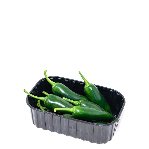 Fresh green jalapeno chili peppers in a 0.25 kg pack, Holland brand, showcasing vibrant, crisp chili herbs.