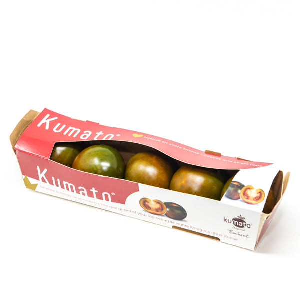 Kumato tomatoes from Holland in a 0.5 kg vegetable pack, showing ripe, reddish-brown heirloom tomatoes with smooth skin.
