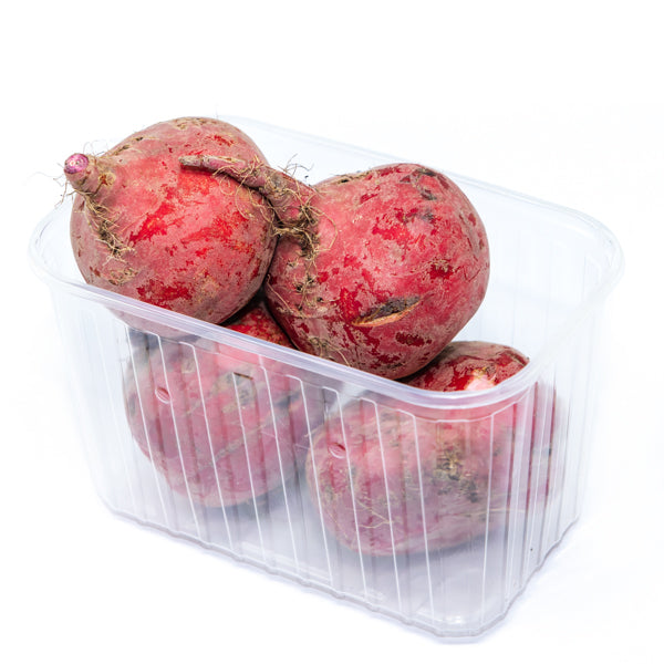 Fresh Holland Beetroots Chioggia in a 1 kg pack, showcasing vibrant striped roots and leafy greens on a white background.