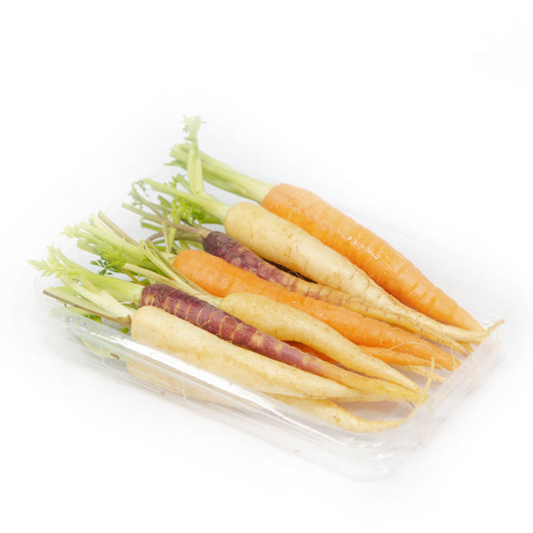Fresh rainbow baby carrots from Holland, vibrant multicolored vegetable pack in a 0.2 kg bag, ideal for healthy snacking or cooking.
