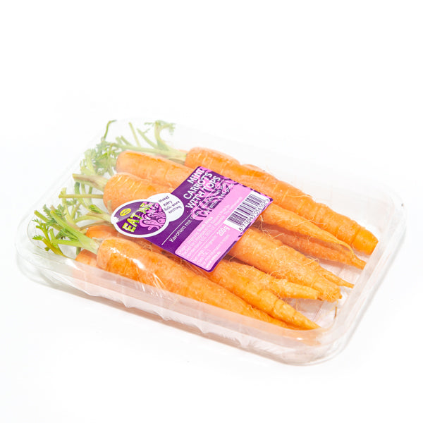 Whole Holland carrot baby vegetables in a 0.2 kg pack, fresh and vibrant with leafy green tops visible.