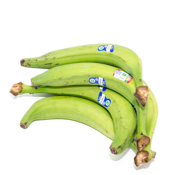 Green Holland plantains bananas in a 1 kg pack, fresh and ripe, ready for cooking or snacking.