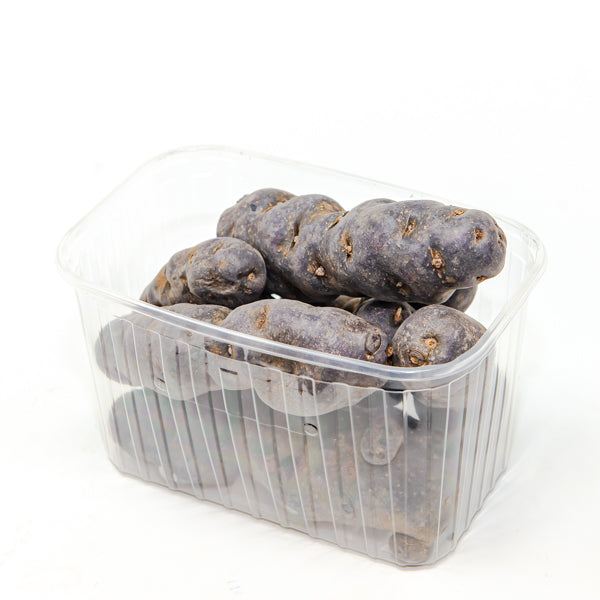 Holland purple long Chinese truffle potatoes, 1 kg pack, fresh vegetable with elongated purple skins and firm texture.