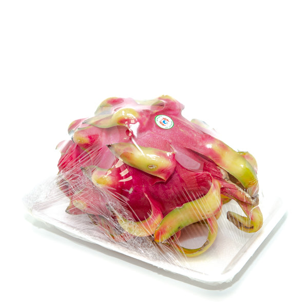 Fresh purple dragon fruit with red skin and vibrant flesh, single piece from Thailand, showcasing its bright interior and textured exterior.