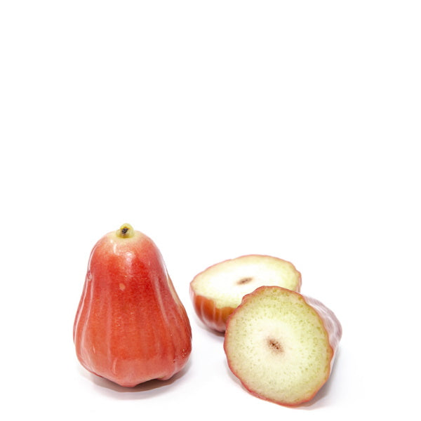 Thai rose apples, wax apples, Java variety in a 0.5 kg pack, fresh flower-like fruit from Thailand.