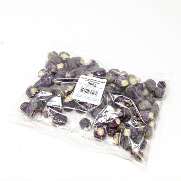 Fresh baby purple Brussels sprouts from Holland in a 0.5 kg pack, showcasing vibrant purple-green vegetables ready to cook.