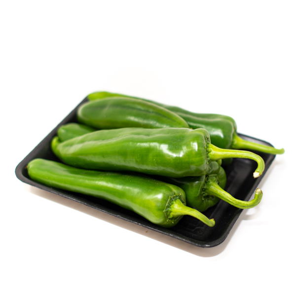 Fresh green Anaheim peppers from Local Market, long vegetables packed in 0.5 kg, ready for cooking or eating.
