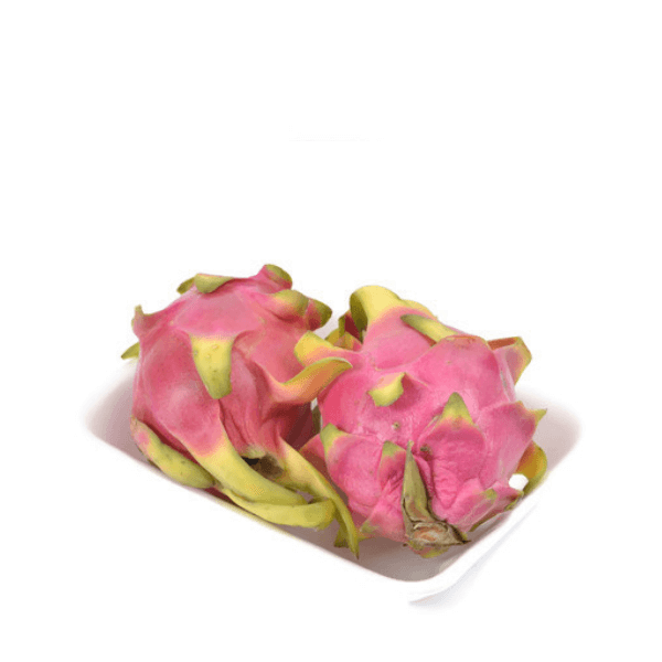 Two white-fleshed dragon fruits (pitaya) from Thailand, showing vibrant pink skin with green scales and white interior.