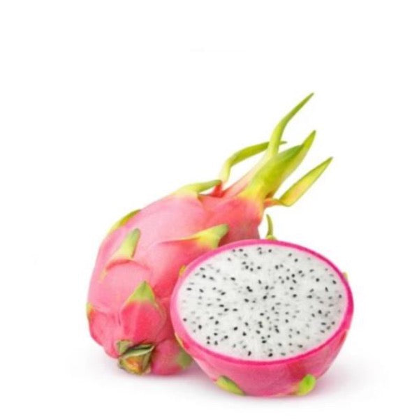Two white-flesh dragon fruits with vibrant pink skin from Thailand, fresh and ripe, on a white background.