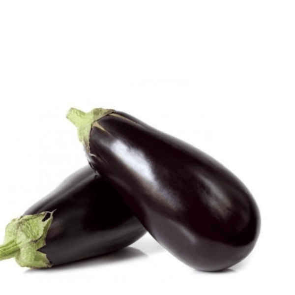 Fresh eggplants in a 1 kg bag from Local Market, showcasing shiny, purple vegetables ready for cooking.