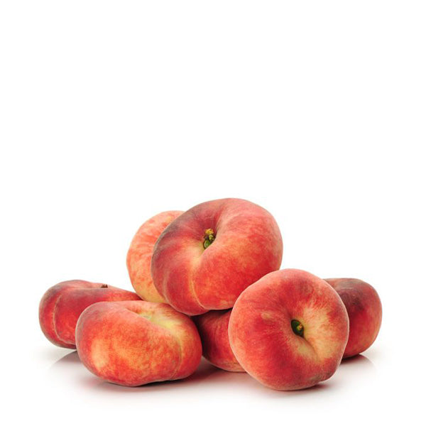Fresh flat peaches with white flesh from Sharbatly, 1 kg pack, showcasing ripe, juicy fruit arranged in a flat display.