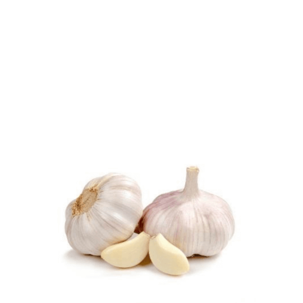 Fresh white garlic bulbs in a Sharbatly 0.2 kg vegetable bag, with multiple garlic cloves visible.