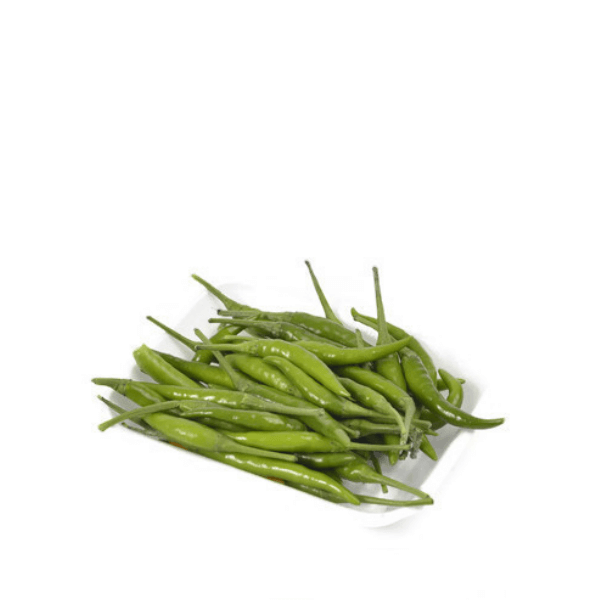 Fresh green baby Thai chilies in a 0.1 kg pack, vibrant herbs from Thailand, suitable for cooking and adding spice.
