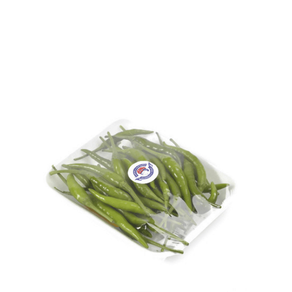 Fresh green Baby Thai chilies herb from Thailand in a 0.1 kg pack, vibrant green and small in size.