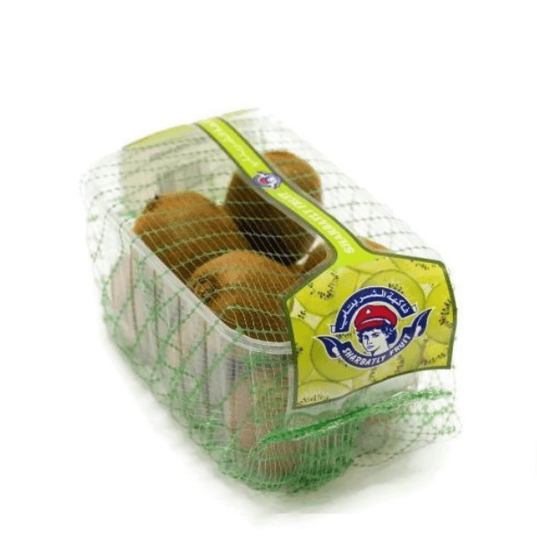 Fresh green kiwifruits from Sharbatly in a 1 kg pack, vibrant and ripe with fuzzy brown skin and bright green flesh visible.
