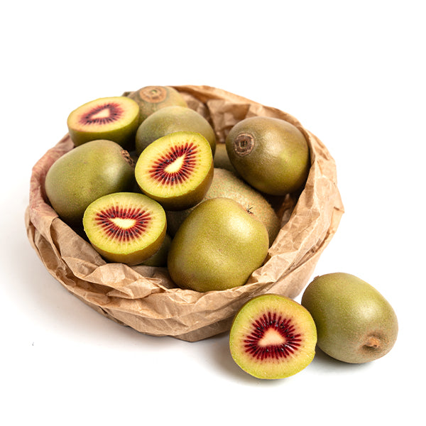 Red passion kiwifruit from Sharbatly, fresh whole fruit in a 0.5 kg pack, showcasing vibrant red flesh and fuzzy brown skin.
