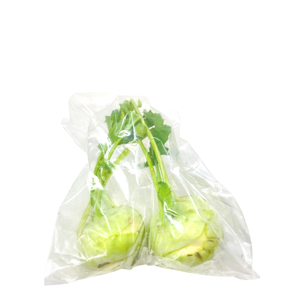 Fresh green kohlrabi vegetables, two pieces, from Local Market, displayed on a white background.