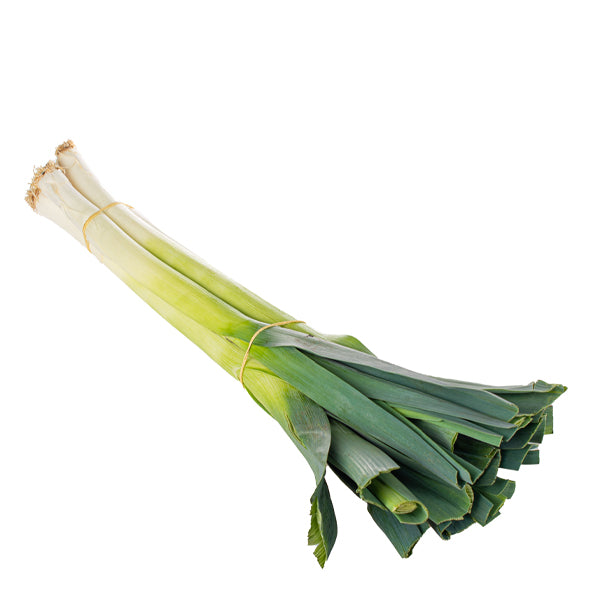 Fresh Holland leeks in a 1 kg bunch, showcasing long green stalks and white bulbous ends, ideal for cooking and salads.