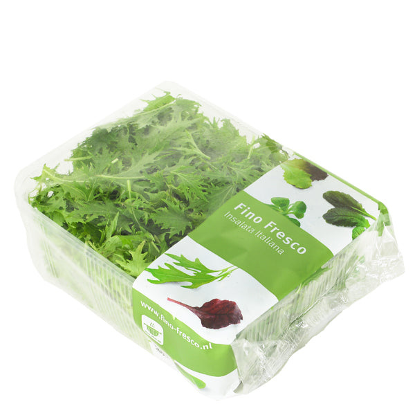 Fresh green Mizuna mustard lettuce from Holland, 0.125 kg pack, with vibrant leafy vegetable showing textured leaves.