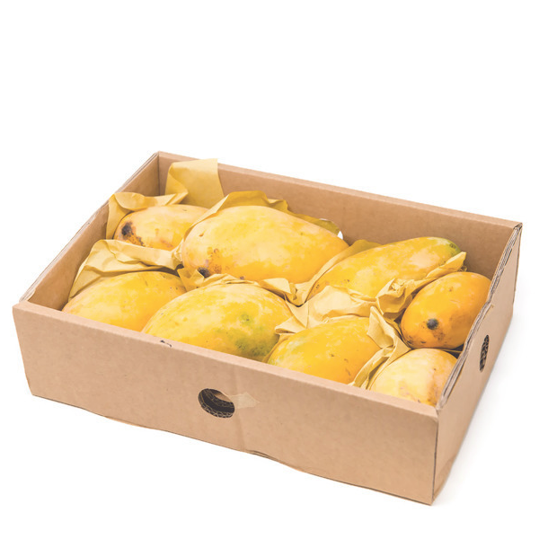 Fresh Sindhri mangoes in a 2.5 kg carton from Local Market, showcasing ripe, yellow mangoes with green leaves.